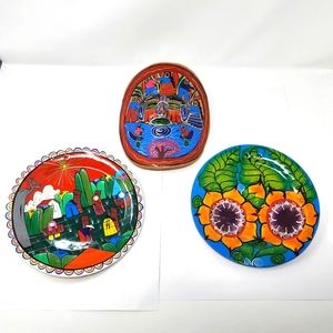 Hand-Painted Mexican Folk Art Pottery Mask & 2 Plates Wall Decor